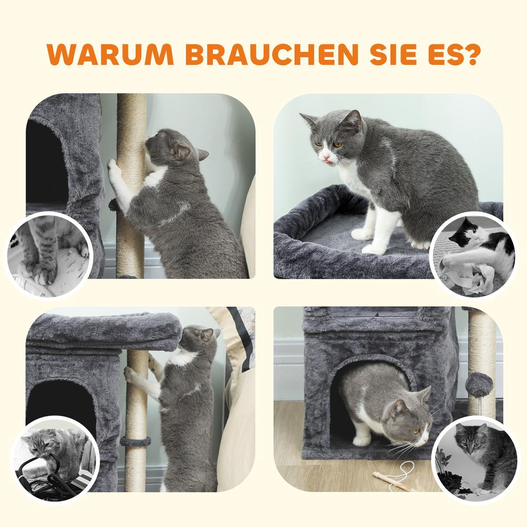 66 cm Small Cat Tree for Large Cats, Cat Tower w/ Large Top Perch, 2 Condos, Sisal Scratching Post, Toy Ball, Dark Grey
