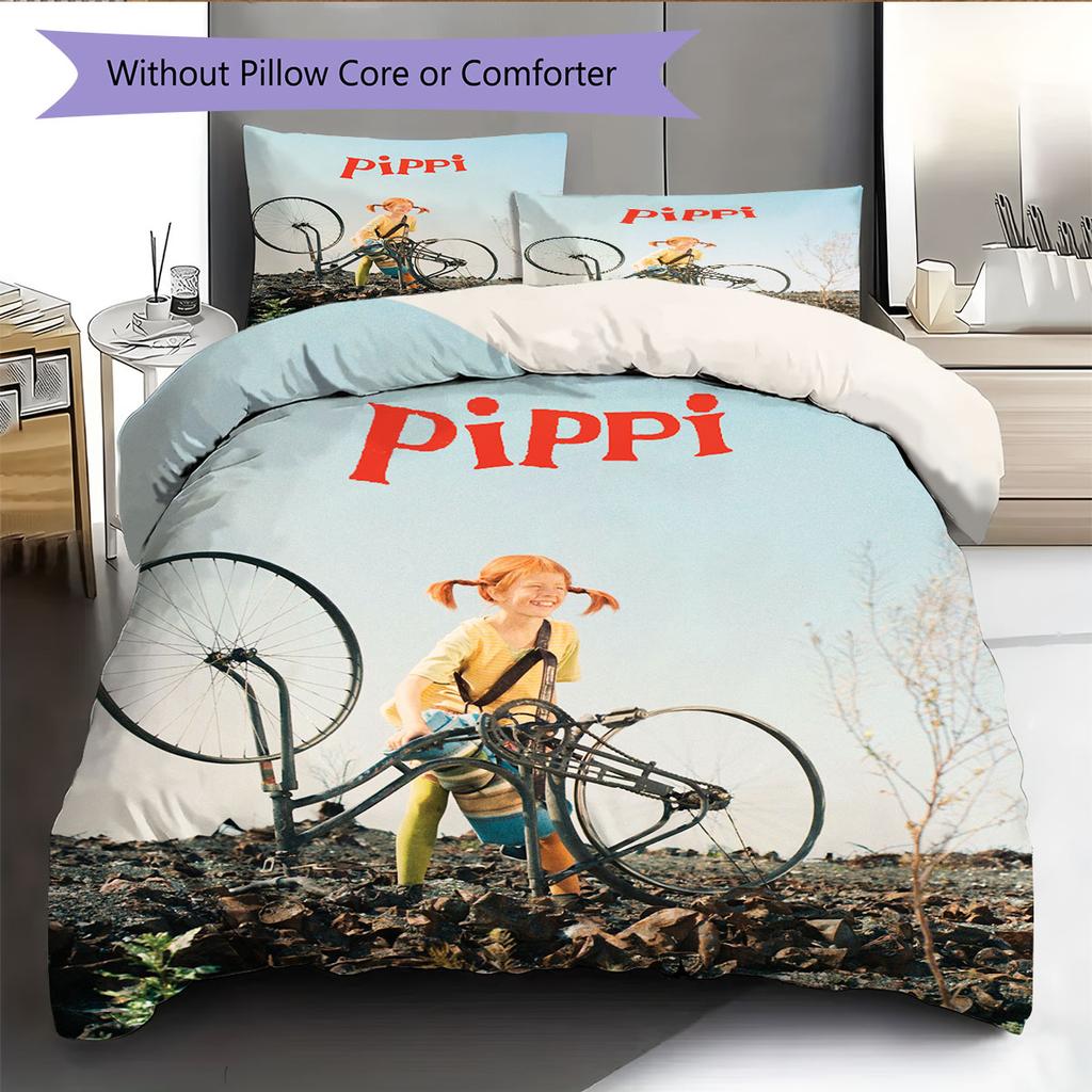 Cute Pippi Pattern Bedding Home Decoration Birthday Gift ( 1 duvet cover + 2 pillowcase, without core),fan merchandise.