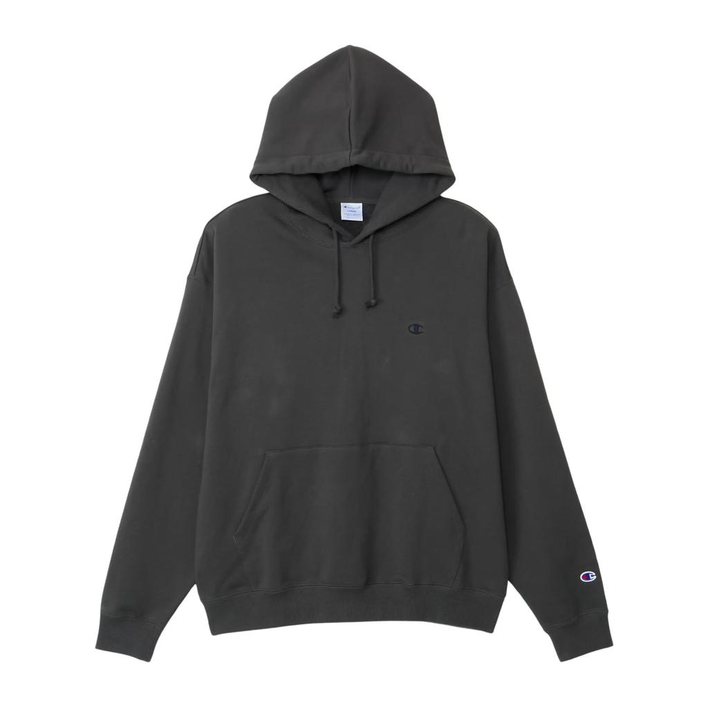 Champion Long Sleeve Hooded Off Crew Logo Relaxed Drop Shoulder Men's Sweatshirt, Black, C8-A122Z, Neck, One-Point Embroidery, Fit,