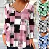 Women's Oversized V-Neck Long Sleeved Checkered T-Shirt - Harajuku Street Style