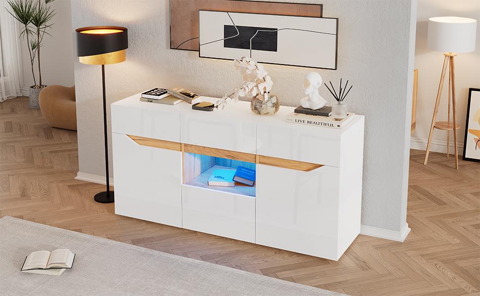 140*40*70cm Living Room Sideboard With 4 Drawers, Cabinet with Two Compartments, High-Gloss Sofa Side Cabinet with LED Lighting, White + Wood Color