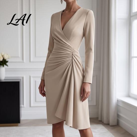 Formal Evening Dress for Dinner Solid Color Gown Dress Slim Fit Hip-Hugging Pleated Long Slimming Clubwear Sleeve V-Neck Midi Cocktail Party