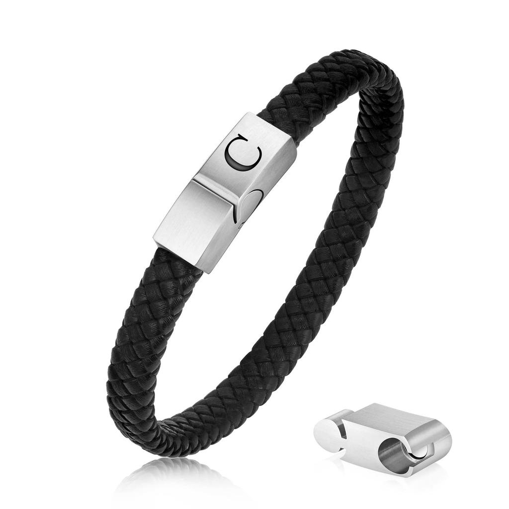 Three-section Extension Magnetic Buckle Black Leather Bracelet for Men and Women with English Letters