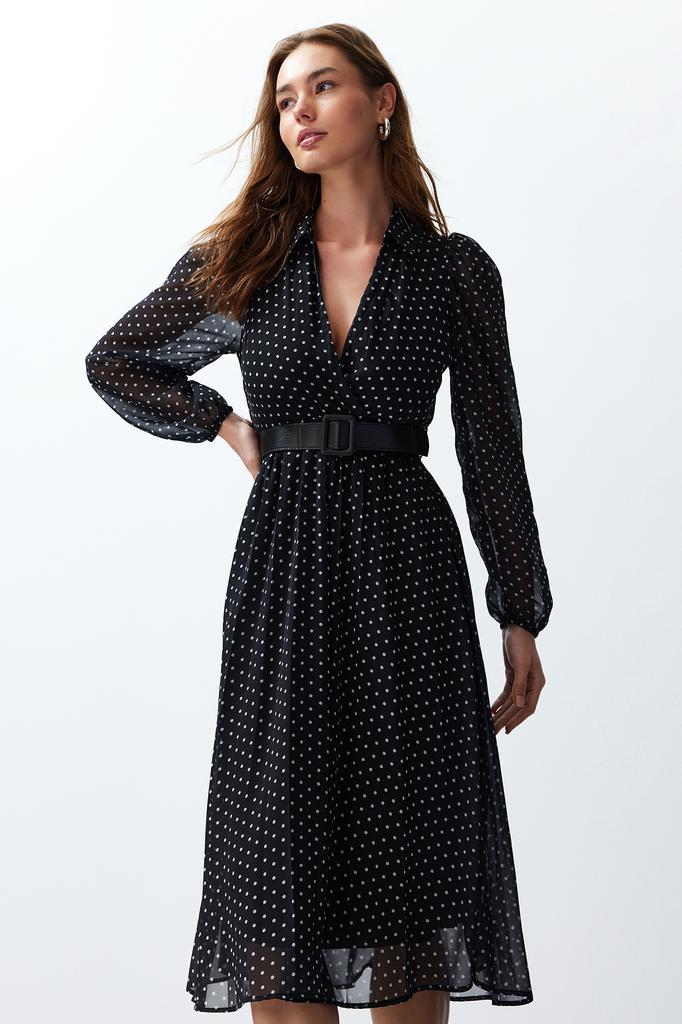 Женское модное дневное и ночное макси-платье с объемными рукавами и черным поясом в горошек на шифоновой подкладке макси-тканое платье