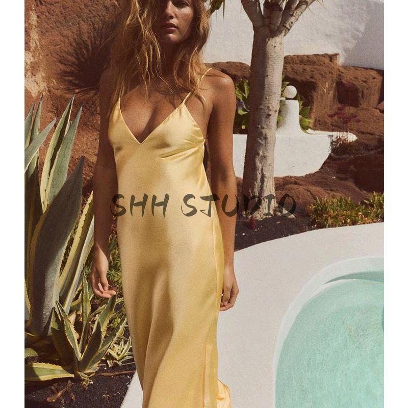 Summer V Neck Sling Mid-Length Silk Satin Texture Midi Skirt Dress 2452331 3258331 8331