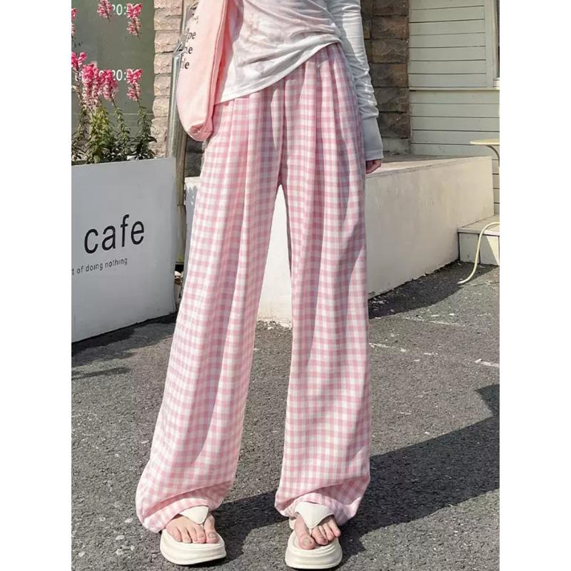 Blue Plaid Pants for Women In Spring and Summer New High-waist Straight-dial Drooping Lazy Style Loose Casual Wide-leg Pants