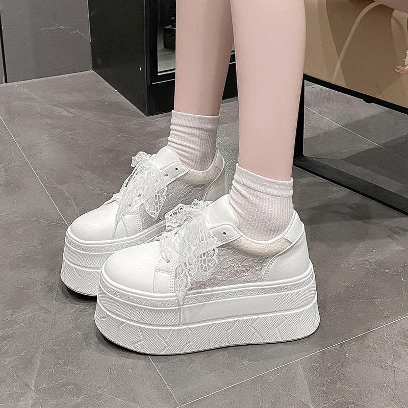 Fashion 7.5CM High Platform White Shoes Women New 2025 Summer Breathable Lace Mesh Chunky Sneakers Designer Thick Sole Sports Shoes
