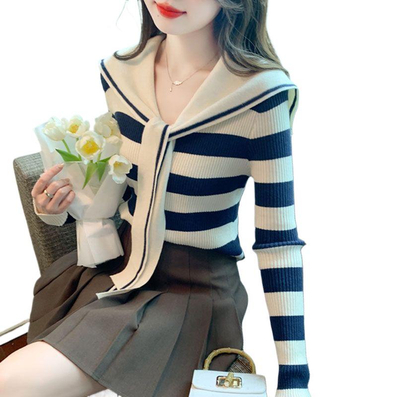 Navy Striped Collar Sweater Women’s Autumn/Winter 2025 College Style Slim Fit Knitwear