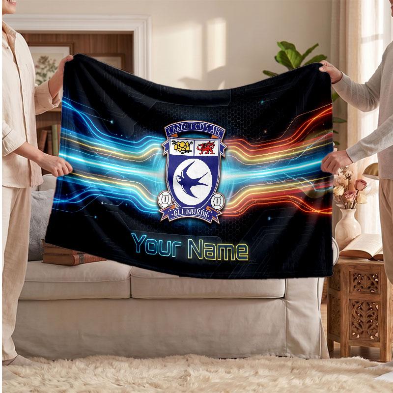 Cardiff City Personalized Fleece Blanket With Football Logo, Custom Name Text Soft Warm Home Throw Blanket