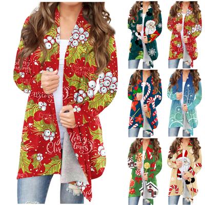 Женская мода, повседневный рождественский принт, кардиган средней длины, куртка, пальто