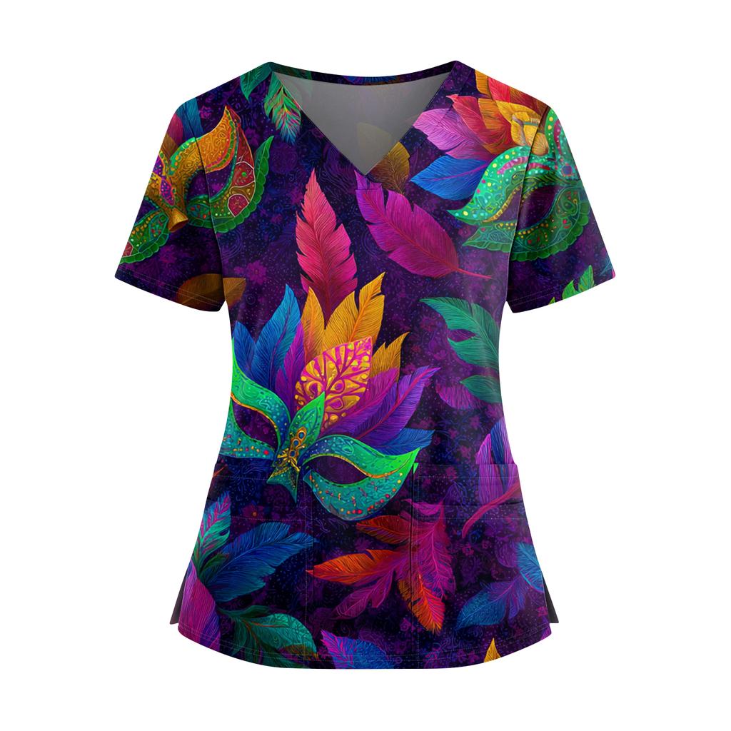 Женская футболка для сиделки с принтом, V-образным вырезом, двумя карманами, короткими рукавами, разрезом по подолу, униформа для сиделки