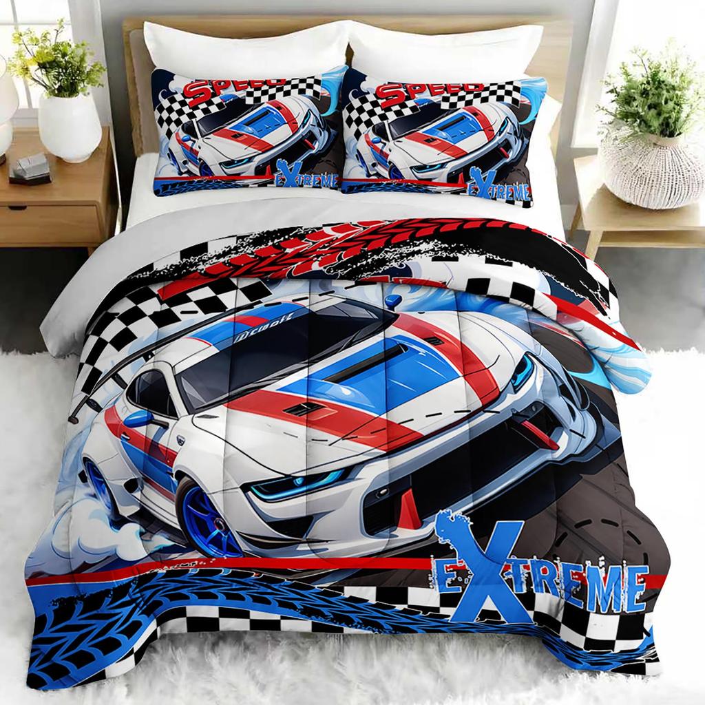 3PC Racing Car Comforter Set Modern Sports Car Duvet Collection with 2 Pillowcases for Bedroom Or Guest Room Decor