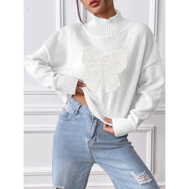 Women's Short High Neck Pullover Bow Embroidery Patchwork Sweater