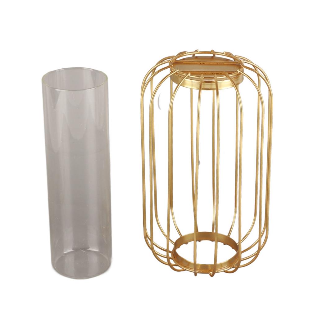 Nordic Lantern Shaped Wrought Iron Vase Glass Iron Tabletop Flower Vase(  Gold)