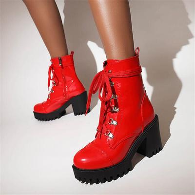 Женские мотоциклетные ботинки из лакированной кожи, зимние женские ботинки, женские ботильоны на шнуровке и боковой молнии, на высоком каблуке и платформе, зимняя обувь