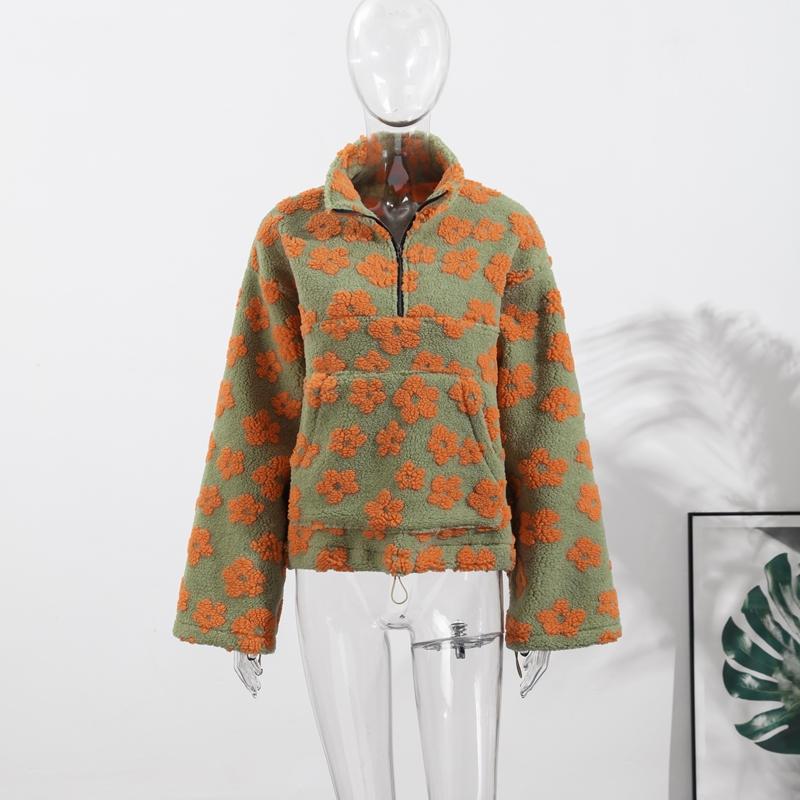 Флисовая толстовка женская с цветочным принтом, теплая, из овечьего флиса, со стойкой воротником, на молнии, свободная, мягкая, пуловер, осень/зима 2025