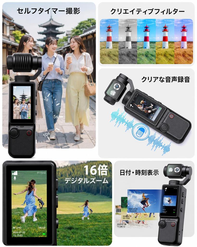 4K Vlog Camera with Movable Compact and Suitable for Japanese Language Display Available 180° Lens, Ultra-Lightweight (162g), 2.0-inch Screen,
