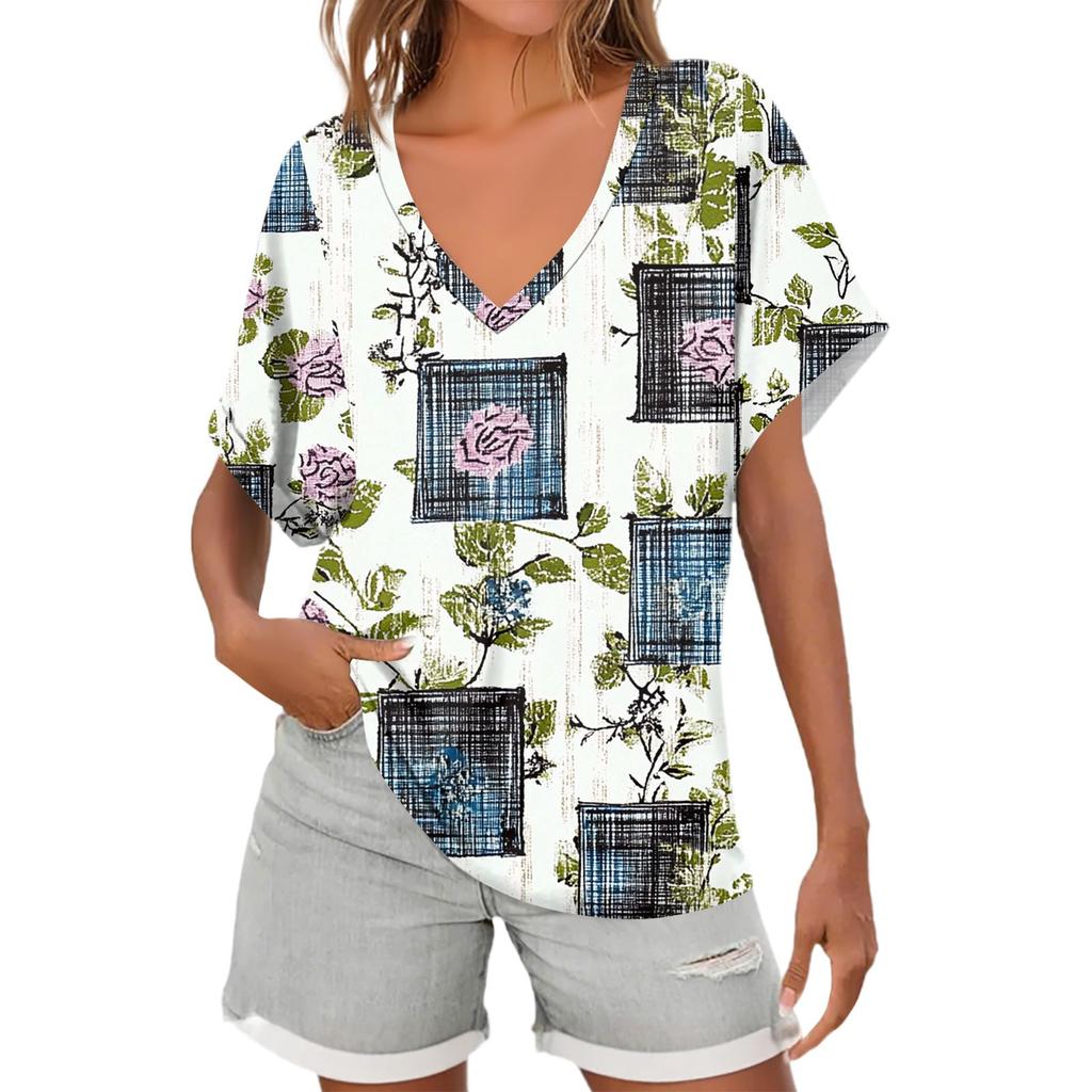 Womens Short Sleeve V-Neck Shirts Floral Print Loose Casual Basic Tees Summer Tops