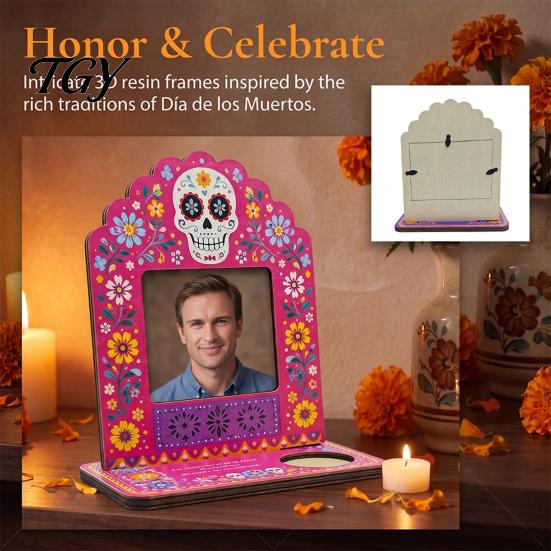 Decorative Altar Frames for Memorials Day of The Dead Photo Frame with Integrated Candle Holder, Mexican Sugar Skull Picture Frame, Wood Memorial