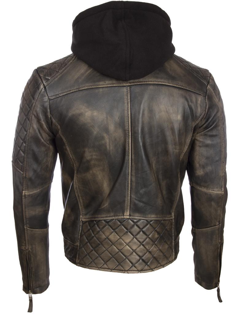 AVIATRIX Men's Real Leather Biker Jacket with Hood (2JB2) - Vegas Black