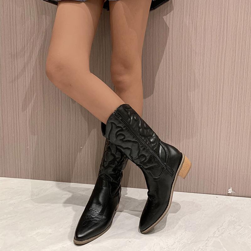 Золотые сапоги до середины икры, женская молния сбоку, серебряные остроконечные ковбойские сапоги в стиле вестерн, модные черные сапоги в стиле ретро, женские сапоги больших размеров 36–43