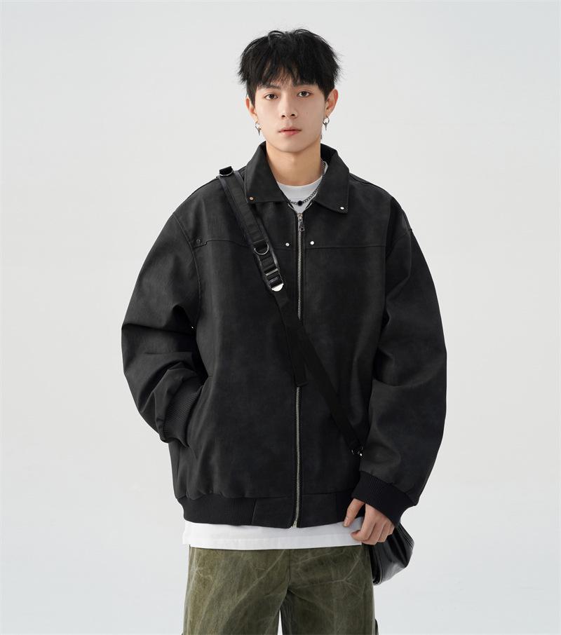 Унисекс Американская Ретро Куртка Maelard: Весенне-осеннее кожаное пальто мотоциклетного стиля с отложным воротником и заклепками.