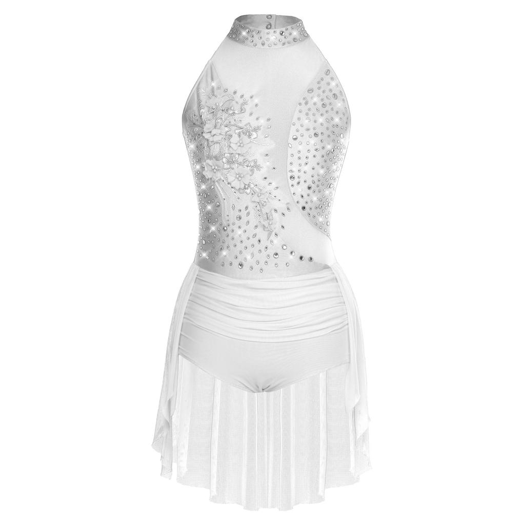 Womens Sparkly Latin Dance Wear Rhinestone Applique Sleeveless Back Hollow Skirted Leotard Gymnastics Bodysuit