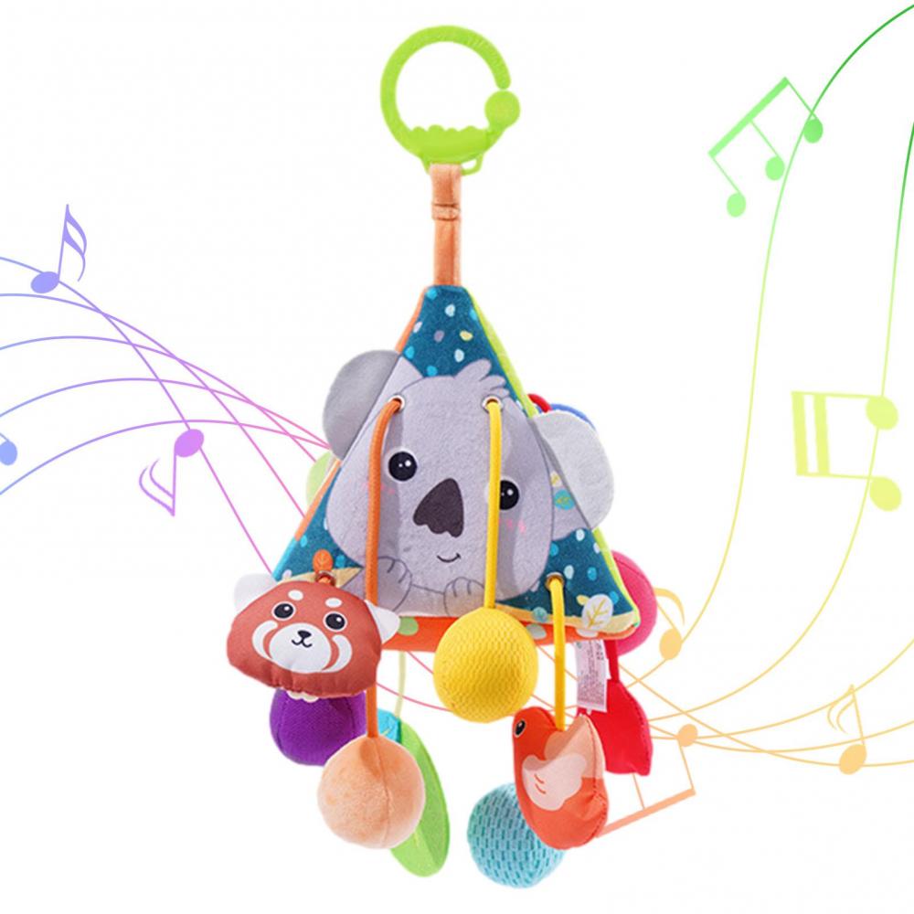 Baby Pull String Activity Plush Toy Crib Stroller Triangle Bell Hanging Rattle Toys with Teether & Squeaker Fine Motor Skills Development Toys Jungle