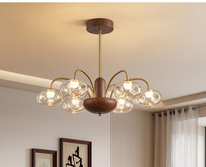 American Retro Walnut and Glass Chandelier for Living Room