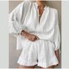 Women Shorts Suit V-neck Long Sleeve Loose Shirt High Waist Wide Leg Short Pant Sets Summer Holiday Lady Set