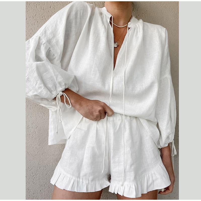 Women Shorts Suit V-neck Long Sleeve Loose Shirt High Waist Wide Leg Short Pant Sets Summer Holiday Lady Set