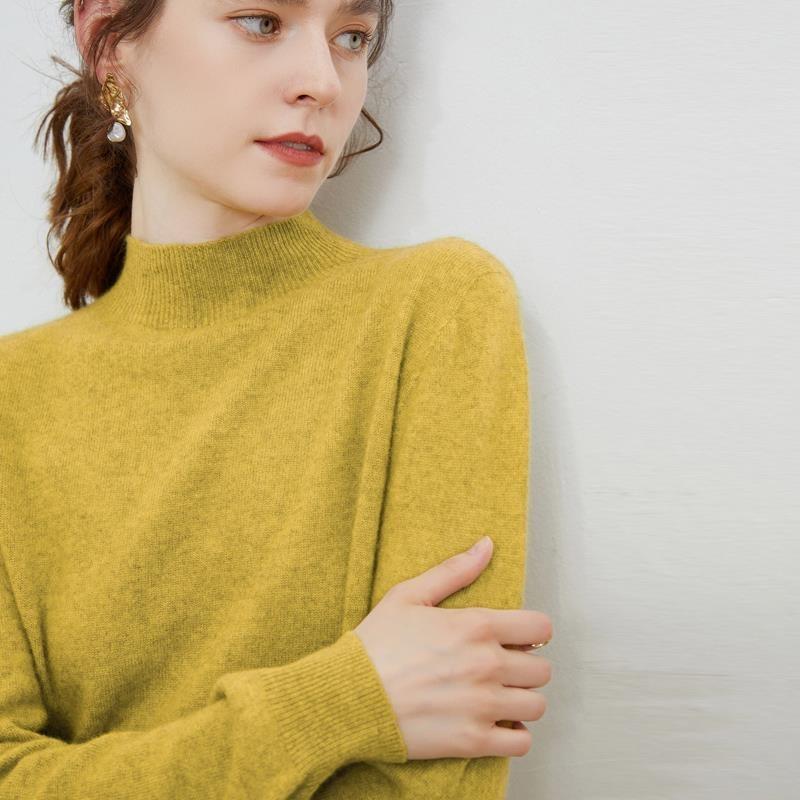 Осенне-зимний женский свитер с высоким воротником, свитер из 100% чистой шерсти, свободный тонкий свитер, однотонная нижняя рубашка с длинными рукавами