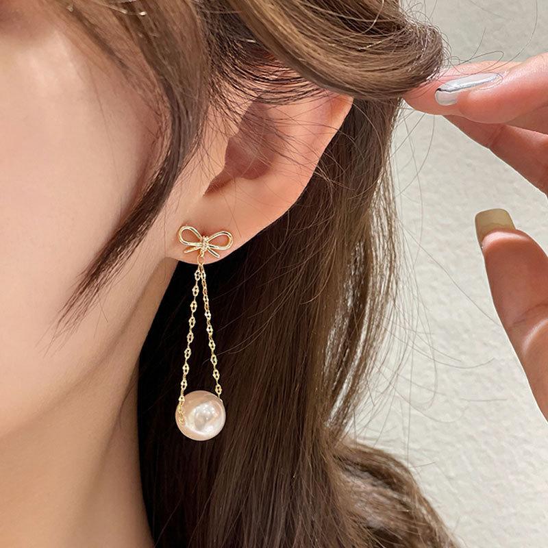 Высококачественный бант с жемчужной кисточкой, длинные серьги, текстура для женских летних сережек, легкие и роскошные