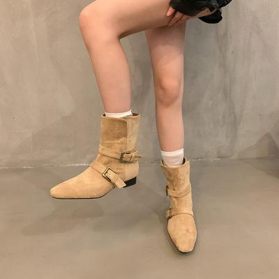 Замшевые ковбойские сапоги в стиле ретро на низком каблуке, женские ботинки Martin, новые весенние и осенние одинарные ботинки 2024 года, корейские короткие сапоги