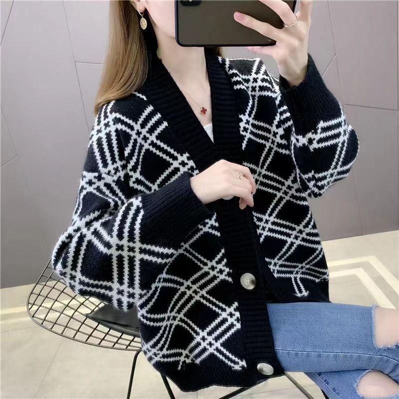 Ромбовидный контрастный вязаный кардиган, женский свитер, осень 2023, новый женский свитер, пальто, универсальный свободный свитер, кардиган, женский топ