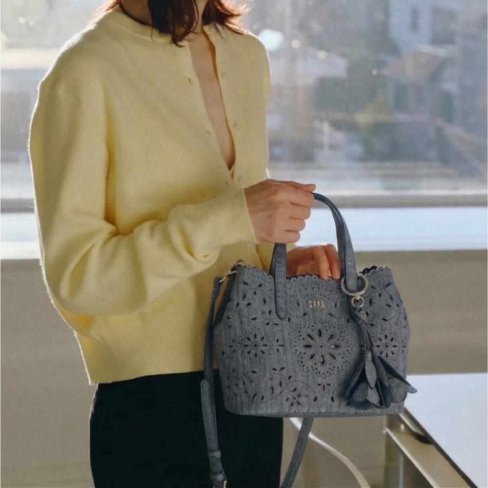 DakS Blue Cowhide Flower Punching Tote Bag S Dcba6e595b2
