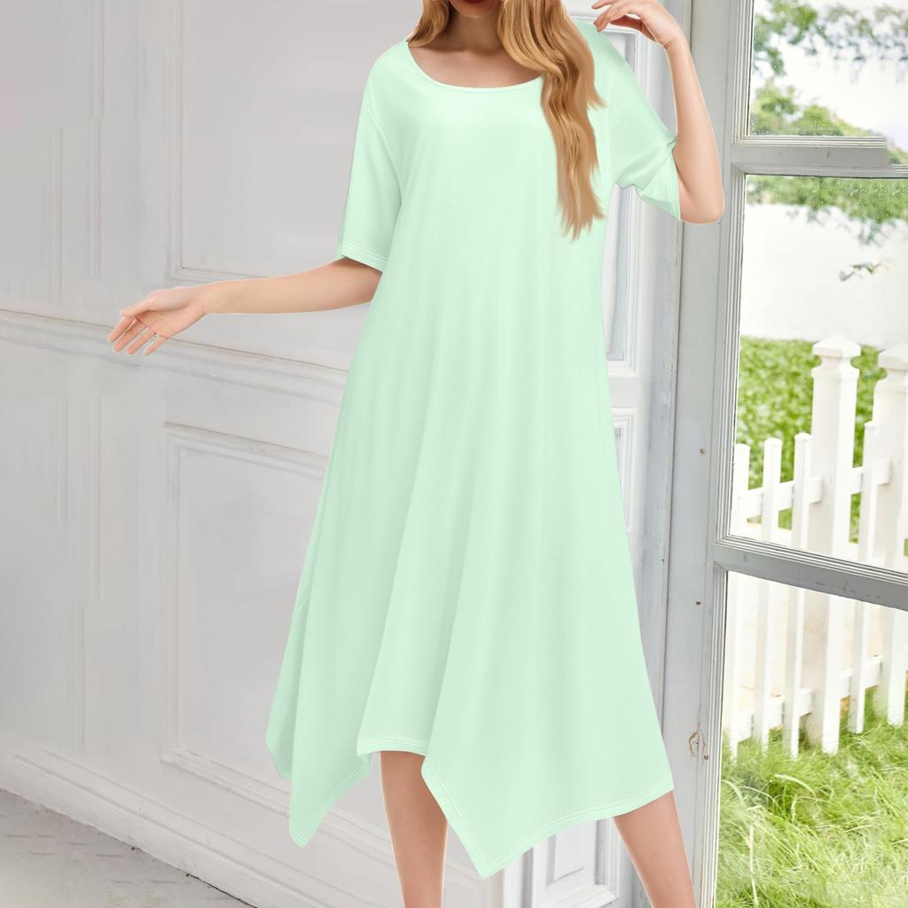 Женское повседневное модное платье миди с круглым вырезом и коротким рукавом, однотонное, с неровным подолом
