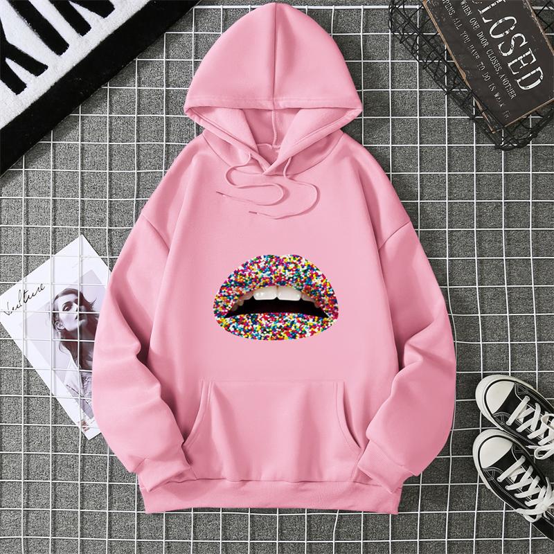 Fashion Lips Print Women Hooded Sweatshirt Casual Long Sleeve O Neck Loose Women Ladies Hooded Tops Clothes