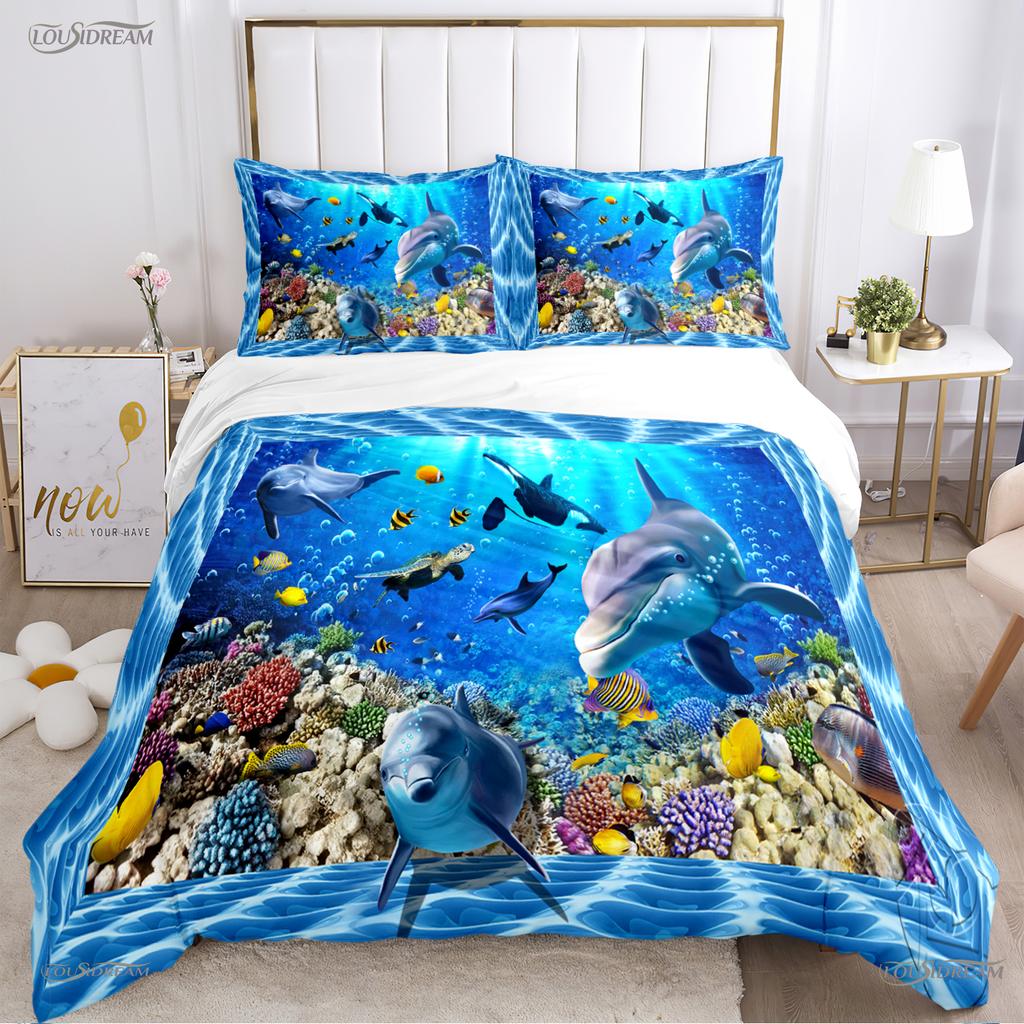 3D Ocean World Dolphin Whale Fish Duvet Cover Comforter Beding Set Soft Quilt Cover and Pillowcase for Single/Double/Queen/King