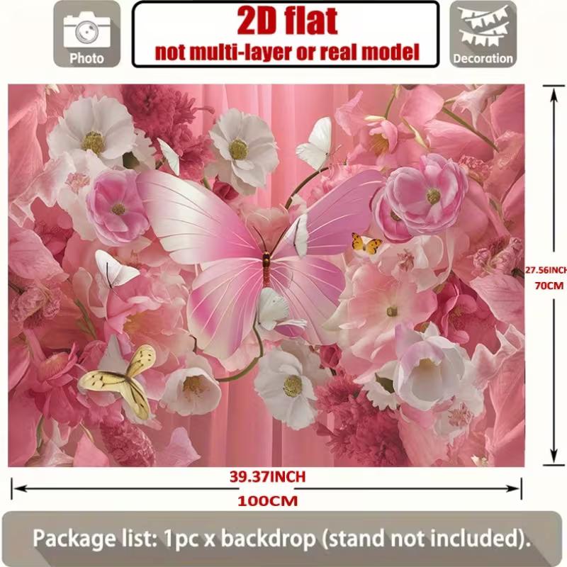2D Romantic Pink Flower Wall with Large Butterfly Backdrop