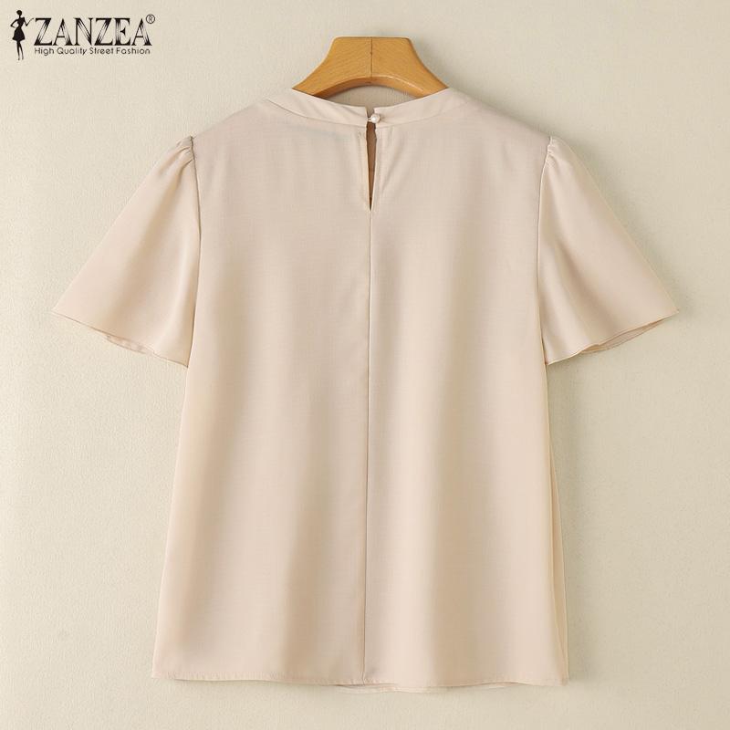 ZANZEA Women Summer O-neck Casual Short Sleeve Plain Blouse