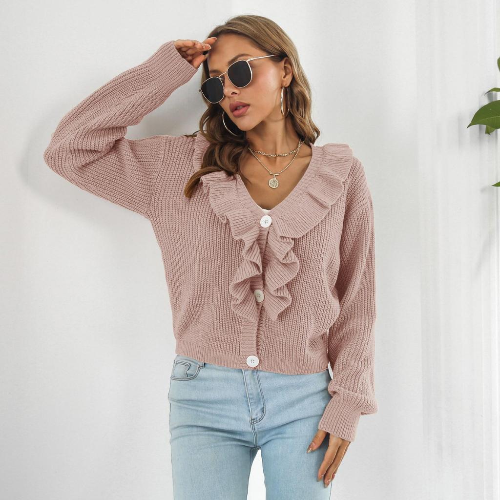 Women's Long Sleeve Ruffle Knit Cardigan - Loose Fit for Autumn/Winter