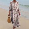 Women's Three-quarter Sleeve Round Neck Printed Retro Loose Midi Dress