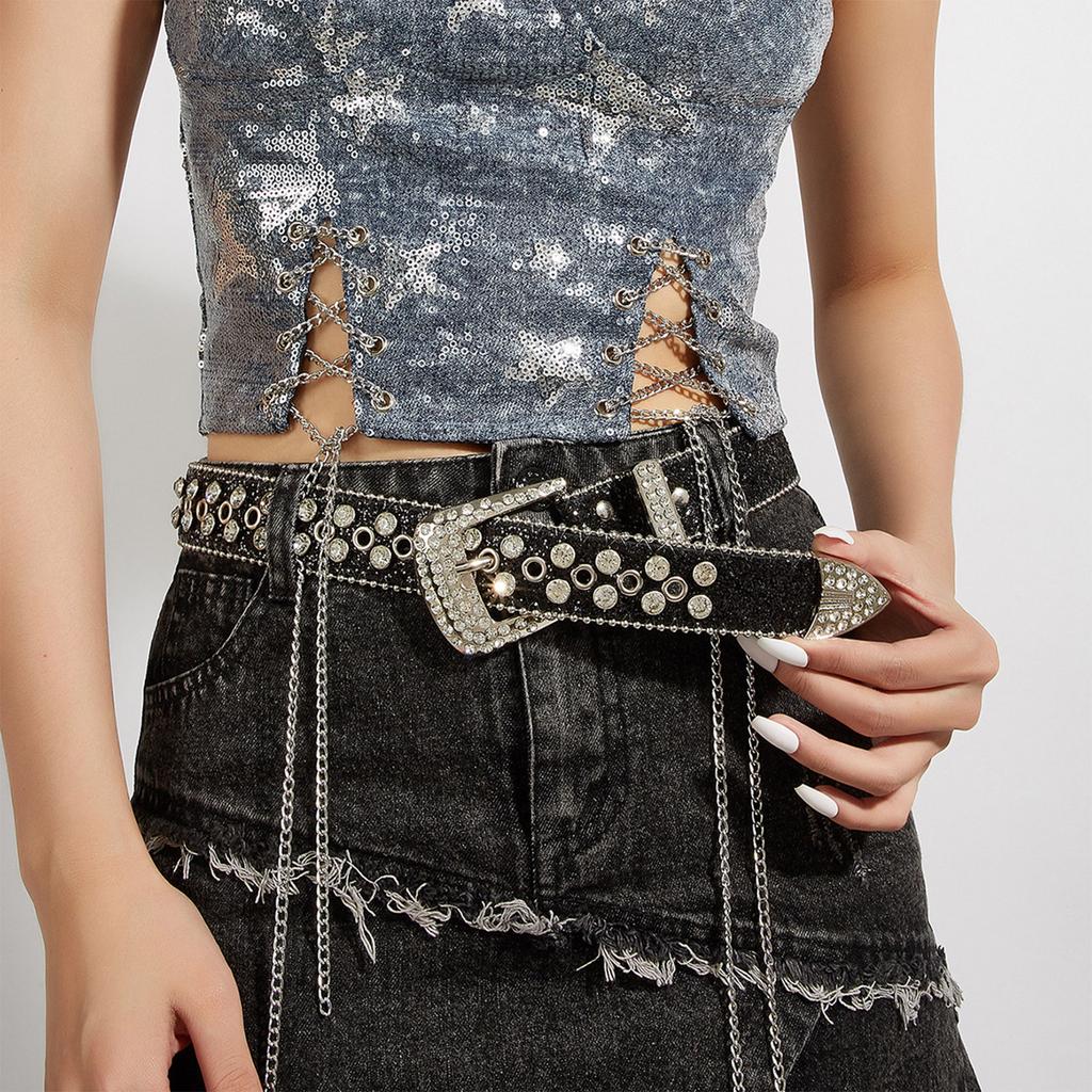 Rock Fans Waist Belt Adjustable Pin Buckle Rhinestone Belt for Woman Girls Thin Full Sequins Waist Strap for Jeans Dress