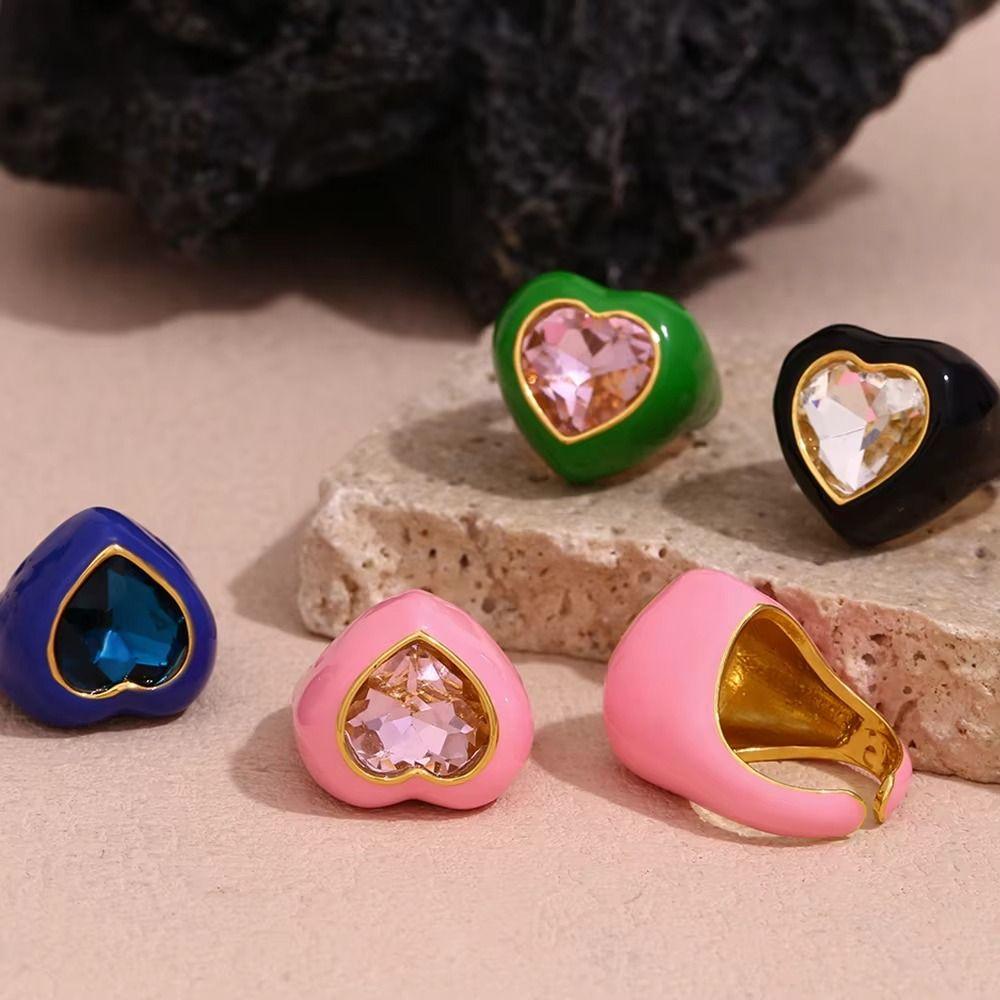Korean Style Gemstone Heart Enamel Ring Stainless Steel Solid Color Ring  Men