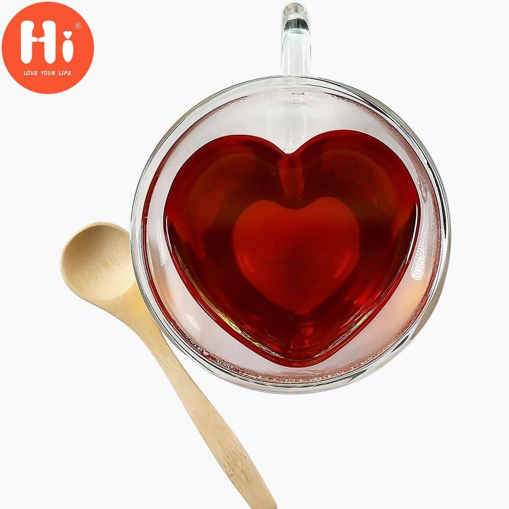 Привет термостойкая кофейная чашка с двойными стенками, прозрачное сердце в форме любви, стеклянная кружка для молока, сока, чая