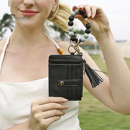 Брелок на запястье с блокировкой RFID и 6 отделениями для карт, браслет с кисточками и бусинами, брелок из искусственной кожи