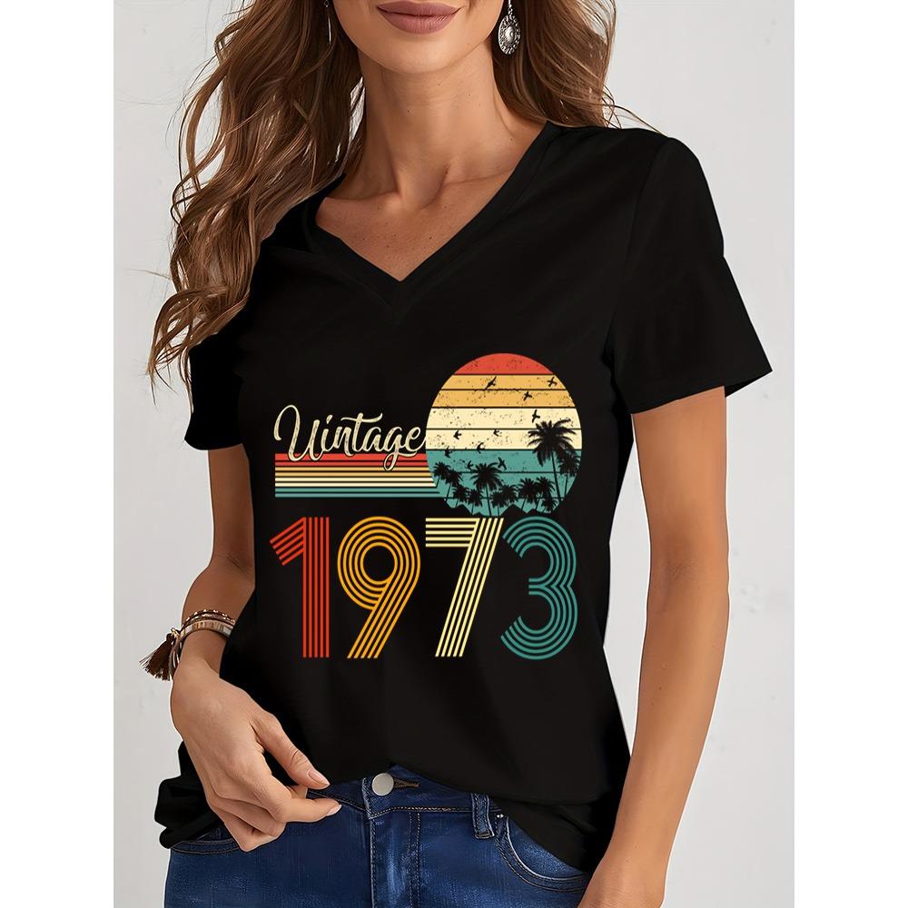 Женские футболки 1975 года с графическим винтажным принтом 1970–1979 годов, повседневные, с V-образным вырезом, модные, с V-образным вырезом, летние, эстетичные, ретро-рубашки для женщин