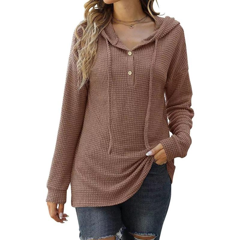 Autumn Winter Women's Loose Sports Knit Sweater, Long Sleeved Button Up Hooded Sweater