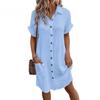Women Button Down Shirt Dress Short Sleeve V Neck Long Blouse Loose Knee Length Midi Dress with Pocket